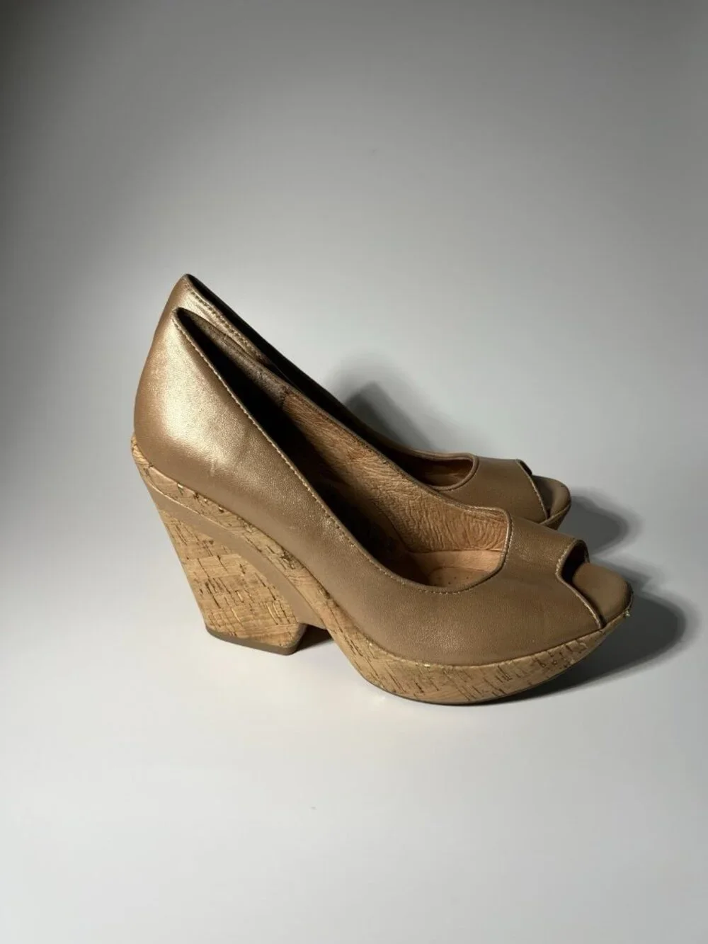 Sofft Olivia Bronze Leather Peep Toe Cork Wedge Pumps Women’s Size 7M